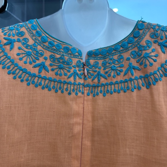 Embroidered Orange Midi Tank Dress with Turquoise Detail Linen Size 4 Small - Picture 6 of 10